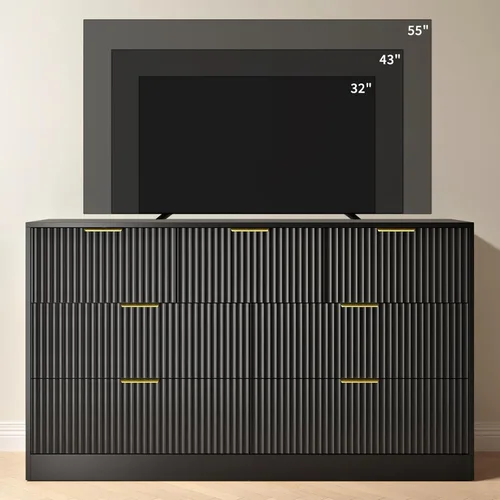 Miniatura 5 de Cómoda negra con 7 cajones, cómoda acanalada de 55 pulgadas de ancho para dormitorio con mango de metal, cómoda, soporte de TV de madera para Negro