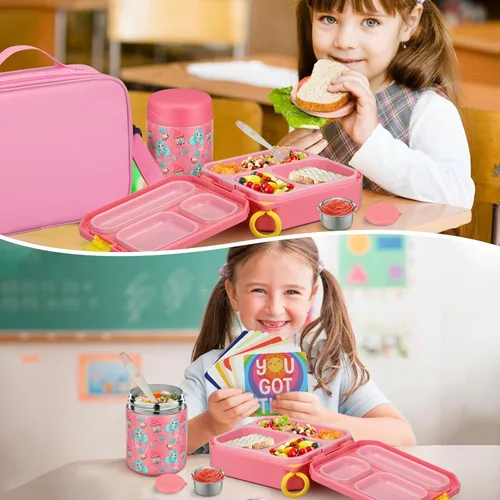 Miniatura 7 de wiwens Lonchera Bento para Niños con Termo para Sopa de 12 oz a Prueba de Fugas, Contenedor de Comida para Almuerzo con 5 Compartimentos, Frasco