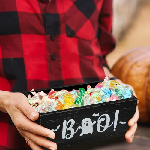 Miniatura 5 de Sintuff Cuenco de madera para dulces de Halloween, divertido plato de dulces para dulce o truco, soporte grande para servir de Halloween, cuenco