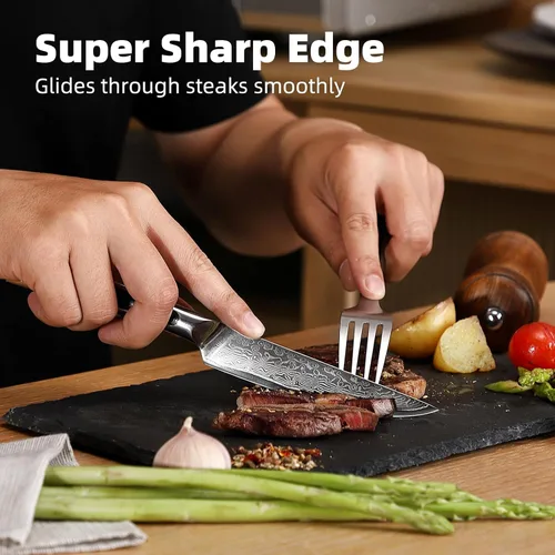 Miniatura 2 de Sunnecko Cuchillo para Carne de Cocina de 5 Pulgadas, Cuchillo para Carne de Damasco VG-10, Acero Japonés, Cuchillos de Carne No Dentados de Espiga