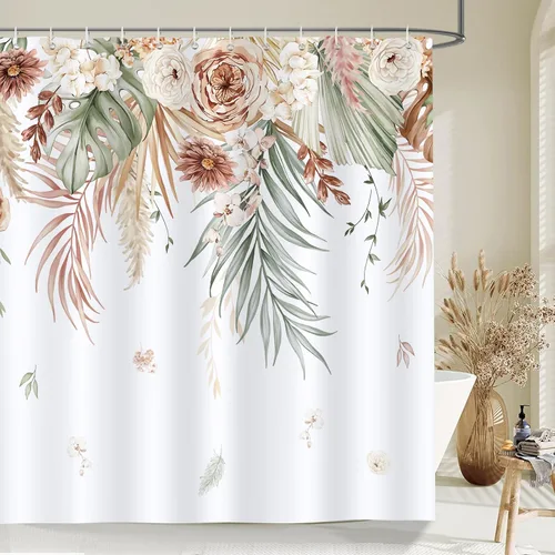 Bonhause Cortina de ducha de hojas florales tostadas, cortina de baño bohemia con hojas de palmera tropicales, cortina de baño de 72 x 72 pulgadas,