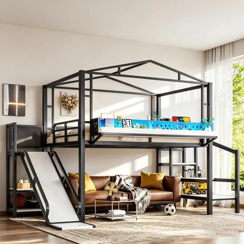 Miniatura 12 de Bellemave Cama Loft de Metal Tipo Casa Tamaño Twin con Tobogán y Escaleras, Marco de Cama Loft Casa de Juegos de Servicio Pesado con Estantes