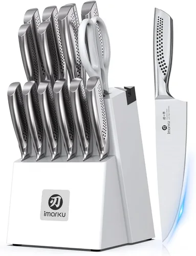 Miniatura 8 de imarku Juego de 14 cuchillos con bloque, juego de cuchillos de cocina de acero inoxidable japonés con afilador integrado, asas ergonómicas