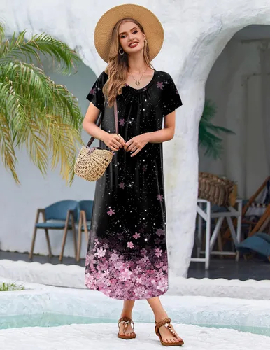 Miniatura 5 de Ekouaer Paquete de 3 camisones largos para mujer, talla grande, vestido de casa de manga corta, cuello en V, camisón casual, M-5XL