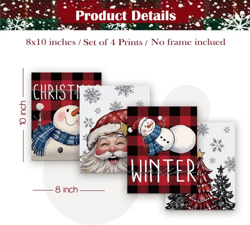 Miniatura 2 de XYDEG Conjunto de 4 Impresiones de Arte Navideño para Pared, Impresiones Navideñas, Hola Invierno Vintage Santa Navidad Muñeco de Nieve Búfalo