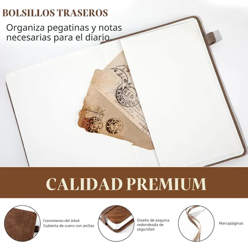 Miniatura 5 de Diario forrado con líneas de CAGIE para hombres y mujeres, diario encuadernado en cuero con anillos de crecimiento de árboles, cuaderno de 256