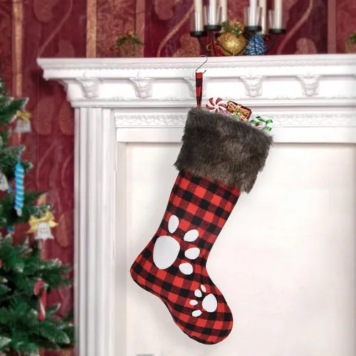 Miniatura 5 de Calcetín de Navidad 2025, adorno de Navidad, calcetín hecho a mano con huellas de perro, patrón con piel sintética, adornos para fiesta de invierno