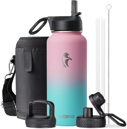 Miniatura 101 de Coolflask Botella de agua de 20 onzas aislada con pajilla, 3 tapas de metal de acero inoxidable, botella de agua de boca ancha para deportes u