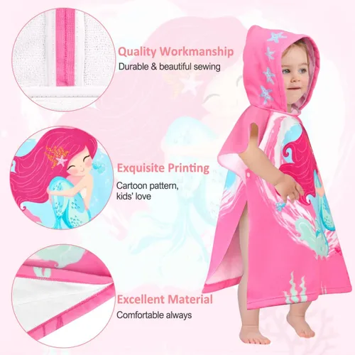 Miniatura 4 de HUANLANG Toalla de playa con capucha para niños y niñas, toalla de playa para baño, piscina, poncho de playa, toalla de algodón súper suave y Sirena