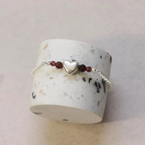Miniatura 12 de 925 Sterling Silver Gemstone Bracelet - 3mm Gemstone Round Beads with Heart Silver Charm - 16-18cm Length - Gemstone Jewelry for Women - Perfect for