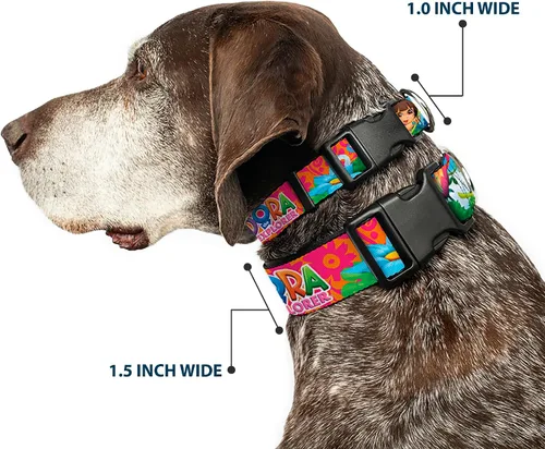 Miniatura 2 de Collar de perro clip de plástico Dora The Explorer Dora Poses Floral Collage naranja rosa 9 a 15 pulgadas 1.0 pulgadas ancho