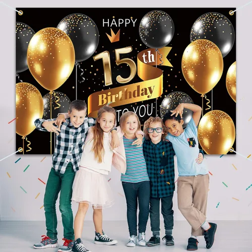 Miniatura 5 de Cartel de fondo de feliz cumpleaños 15 – Suministros de decoración de fiesta de cumpleaños 15 para niños – Oro negro 3.9 x 5.9 pies