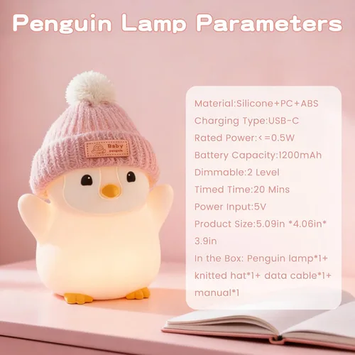 Miniatura 7 de FAMIDUO Luz nocturna de pingüino, bonita lámpara de pingüino rosa con sombrero de punto, luz nocturna de silicona suave para bebé, recargable