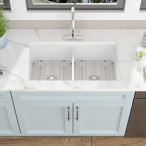Miniatura 4 de Fregadero de cocina blanco de 32 x 19 pulgadas, cuenco doble de arcilla refractaria de porcelana de cerámica blanca, doble montaje 50/50, montaje