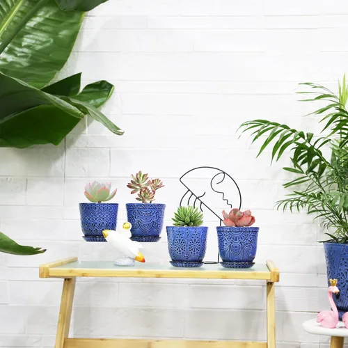 Miniatura 5 de Gepege Macetas para suculentas, maceta pequeña de cerámica para interiores de 4 pulgadas con agujeros de drenaje y platillos para plantas, color Azul
