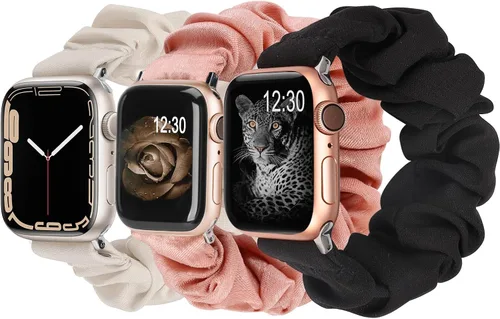 Miniatura 8 de TOYOUTHS - 3 paquetes compatibles con Apple Watch Band Scrunchies 1.496 in (38 mm) tela suave patrón impreso pulsera de tela para mujer iWatch