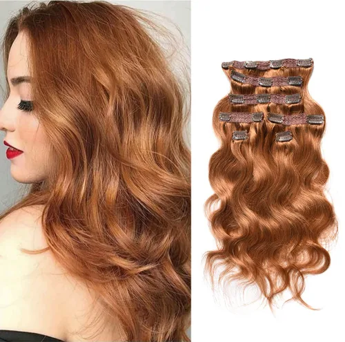 Miniatura 7 de viviaBella Extensiones de cabello humano ondulado con clip, color rojo cobre, 14 pulgadas, cabello virgen brasileño de doble trama, 7 unidades por