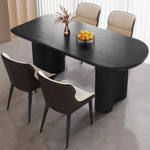 Miniatura 41 de Mesa de comedor negra de 55 pulgadas, una mesa rectangular de extremo redondeado con patas de diseño ondulado para cocina, comedor, oficina en casa