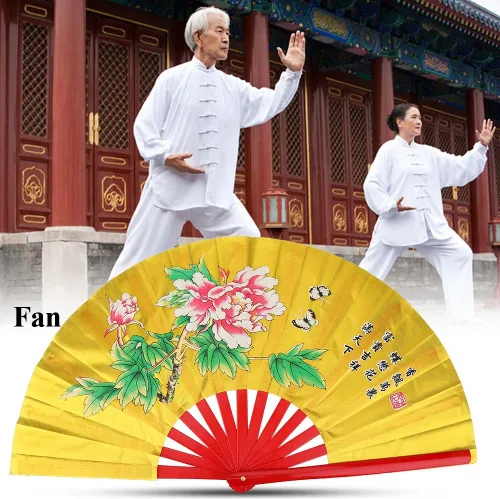 Miniatura 5 de VGEBY Ventilador chino tradicional, ventilador de tai chi de lucha contra Kung Fu, ventilador plegable de bambú, dorado, para artes marciales, danza