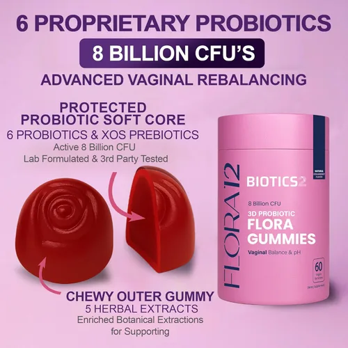 Miniatura 9 de Flora12 - Probióticos vaginales para mujeres, gomitas de equilibrio de pH con prebióticos, 8 mil millones de probióticos, 5 extractos de palma enana