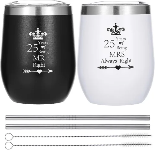 Miniatura 7 de Paquete de 2 vasos de vino de 20 años Mr Right Mrs Always Right 20º aniversario de boda, compromiso, copas para parejas y padres, de acero