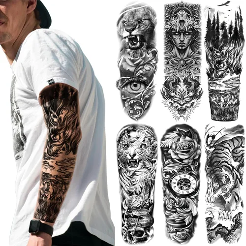 Mangas temporales de tatuaje de bosque, brazo completo, lobo grande, león, animal, bosque, tribal, tatuajes falsos para hombres, mujeres y adultos,