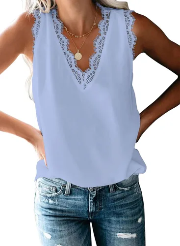 Miniatura 208 de VIISHOW - Camiseta sin mangas, sexy, con cuello en V y bordes de encaje para mujer, camisola de vestir, camisas de gasa, sin mangas, casuales