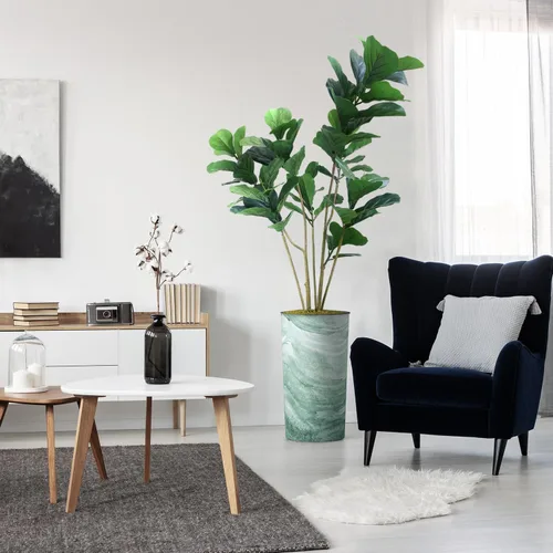 Miniatura 7 de Árbol artificial en macetero contemporáneo con patrón de margaritas, árbol de seda falso Ficus Lyrata para decoración del hogar en interiores
