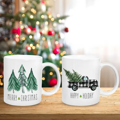 Miniatura 6 de Whaline Juego de 2 tazas de Navidad de 12 onzas con acuarela, a cuadros, árbol de Navidad, camión, taza de café, tazas de cerámica para fiesta