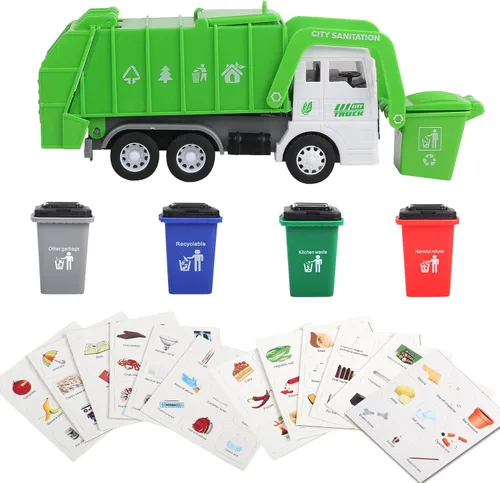 Miniatura 7 de FIVEDAOGANG Pequeño juego de juguetes de camión de basura alimentado por fricción, incluye contenedor de carga frontal, 4 cubos de basura y tarjetas