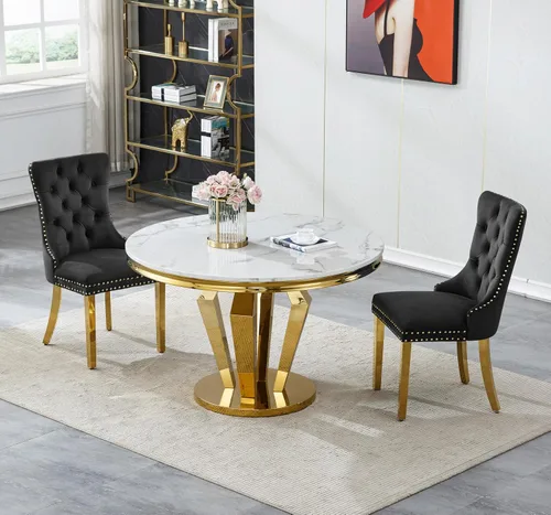 Miniatura 30 de Henf Juego de mesa de comedor redonda de mármol para 6, moderna mesa de comedor de 45 pulgadas con base de acero inoxidable con diseño de diamante