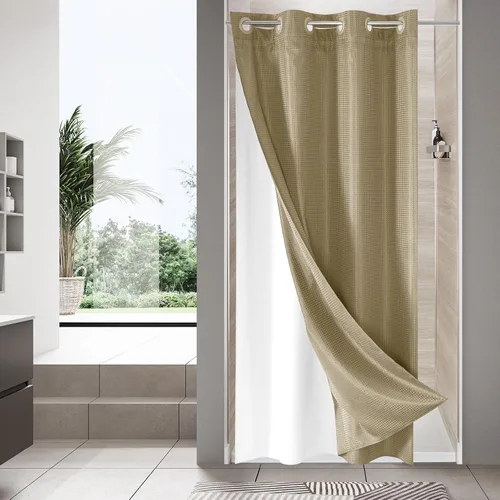 MitoVilla Juego de cortina de ducha pequeña de 36 x 74, color beige, de medio tamaño, estrecha, de tela de gofre para decoración de baño moderna,