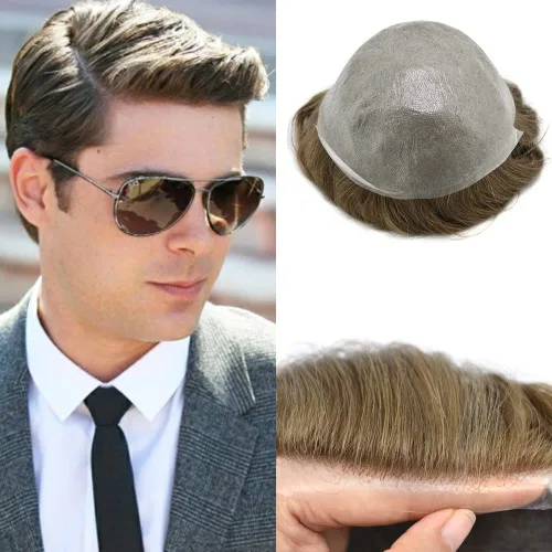 Miniatura 100 de FNY HAIR - Tupé para hombres, sistema de cabello humano, piel ultrafina, PU con bucle en V, prótesis de cabello natural para hombres, #1B05 1B# OFF