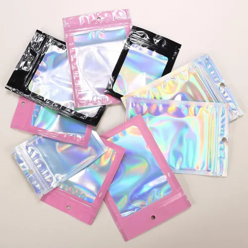 Miniatura 7 de 50 bolsas holográficas negras de Mylar de 5.5 x 7.8 pulgadas, bolsas con cremallera de aluminio resellables para gomitas, recuerdos de fiesta