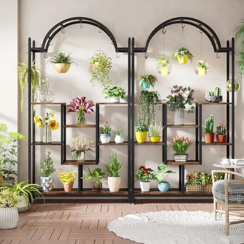 Miniatura 2 de Tribesigns Soporte alto para plantas de interior de 5 niveles, estante de flores de metal arqueado de 74.8 pulgadas con ganchos para colgar, estante