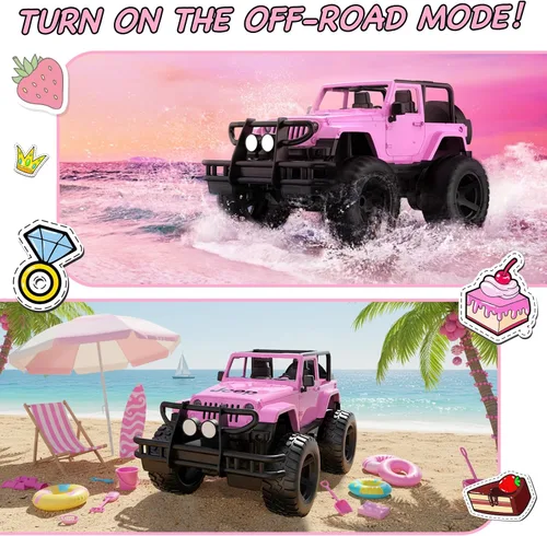 Miniatura 7 de DOUBLE E Jeep con licencia de escala 1:14 en color rosa, coche de control remoto para niñas con pegatinas DIY, diseño de techo abierto, camioneta RC