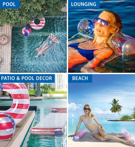 Miniatura 3 de POZA Flotador inflable de piscina de Estados Unidos – Lujosa tumbona divertida llena de confeti de estrellas plateadas brillantes, diseño de bandera