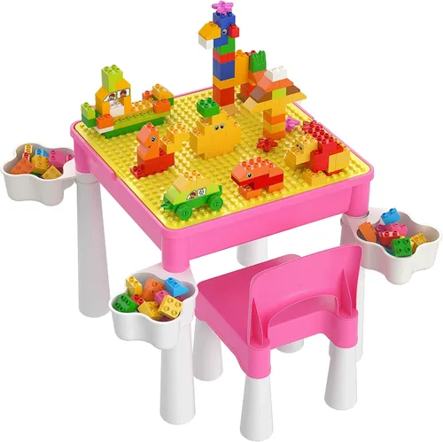 Miniatura 11 de Burgkidz Juego de mesa de actividades y sillas 5 en 1 con almacenamiento, 128 bloques de construcción compatibles con las principales marcas