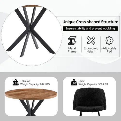 Miniatura 6 de NORDICANA Juego de mesa de comedor y sillas de 3 piezas, juego de mesa redonda de madera de ingeniería de 37 pulgadas con sillones de sherpa Negro