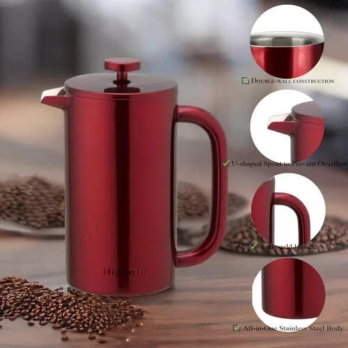 Miniatura 2 de Cafetera de 8 tazas, con prensa de café francesa, 34 onzas, acero inoxidable, resistente, tetera con desatascador de acero inoxidable, Vajilla, Rojo