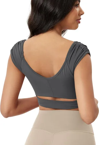 Miniatura 36 de ODODOS Camiseta corta sin mangas con cuello en V y frente fruncido para mujer, recortada en la espalda, manga casquillo