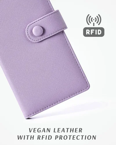 Miniatura 2 de Unilily Cartera delgada para mujer, con bloqueo RFID, de piel vegana, plegable, tarjetero con 2 ventanas de identificación y bolsillo con Lila