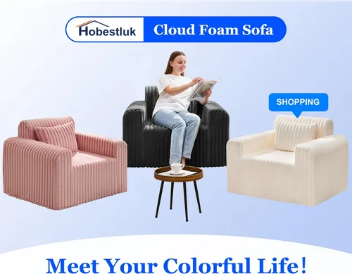 Miniatura 7 de Hobestluk Sofá Individual de Espuma Sillón Sofá para Espacios Pequeños Sofás Cómodos con Funda Extraíble Sofá Peludo con Almohadas para Sala de Negro