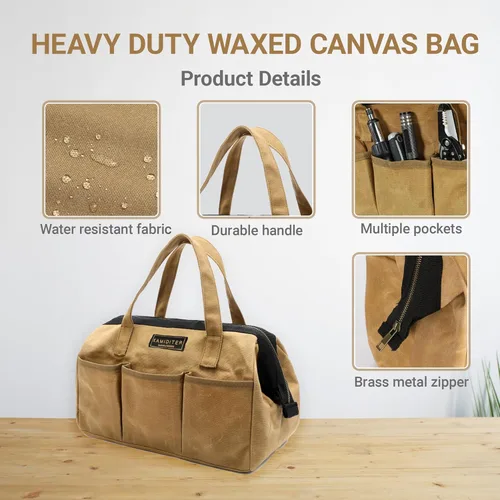 Miniatura 2 de Bolsa Portaherramientas, Bolsa de Herramientas de Lona Encerada Resistente de 13 Pulgadas de Boca Ancha, Bolsa de Herramientas de Parte Superior