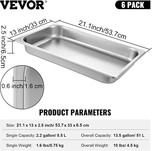 Miniatura 7 de VEVOR Paquete de 6 sartenes de acero inoxidable de tamaño completo, sartenes de mesa de vapor de 2.5 pulgadas de profundidad, sartenes comerciales
