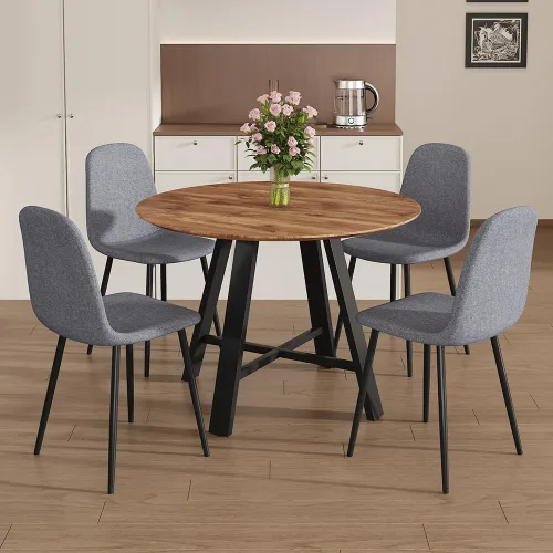 Miniatura 10 de Juego de 4 mesas de comedor redondas de 42 pulgadas para 4, sillas de mesa de cocina modernas, juego de 4 sillas tapizadas de madera con patas