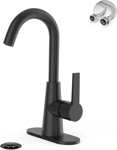 Phiestina WE10E-MB - Grifo de lavabo de baño de un solo orificio negro mate de 4 pulgadas con placa de cubierta y mangueras de suministro, grifo de