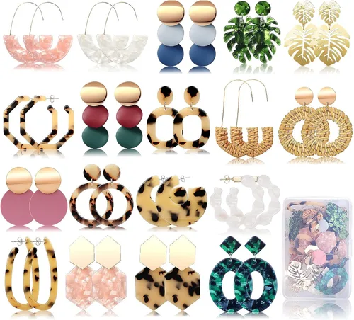 Miniatura 2 de FIFATA 30 pares de aretes de ratán para mujeres y niñas, aretes de aro dorados divertidos de acrílico, aretes colgantes de resina de moda