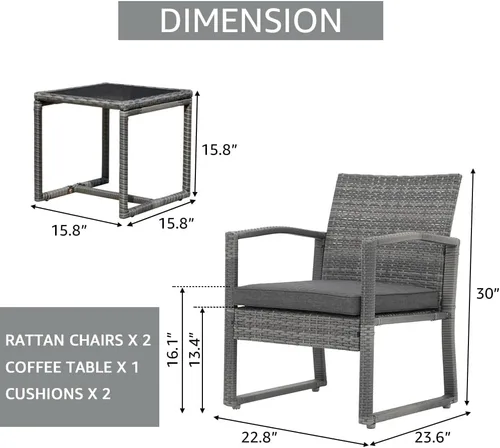 Miniatura 4 de Patiorama Juego de muebles de patio al aire libre de 3 piezas, juego de sillas de ratán con mesa auxiliar, para jardín, balcón, patio trasero, junto