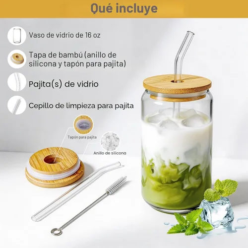Miniatura 5 de Vasos de vidrio con tapas y pajitas, 1 paquete, tazas de café de vidrio, taza de vidrio con tapa para café helado, batido, cóctel, cerveza, whisky